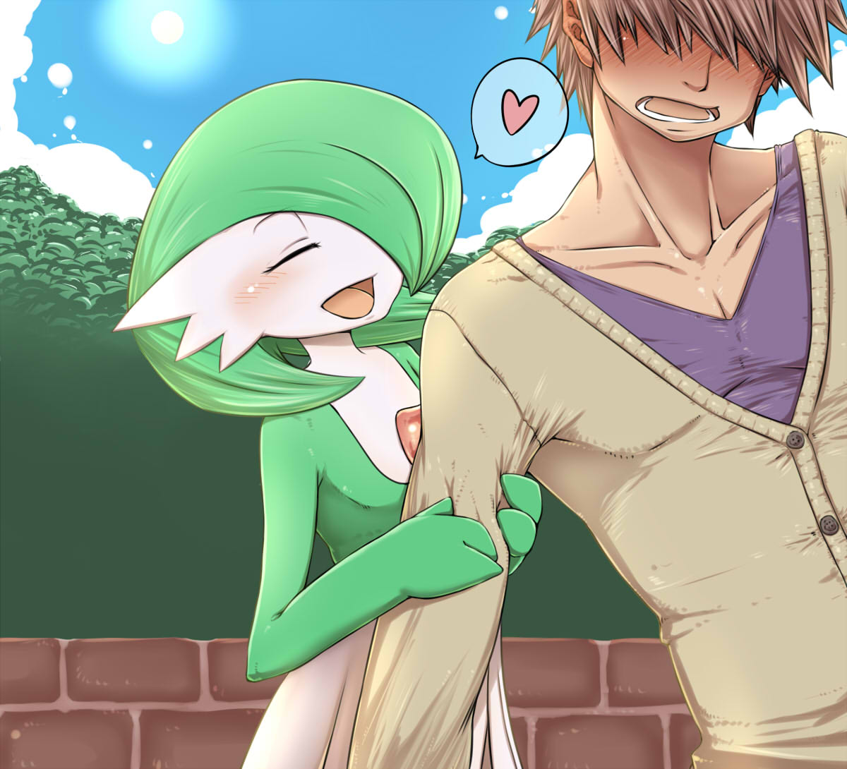 1boy, 1girl, arm_hug, blue_sky, blush, bob_cut, brick_wall, cardigan
