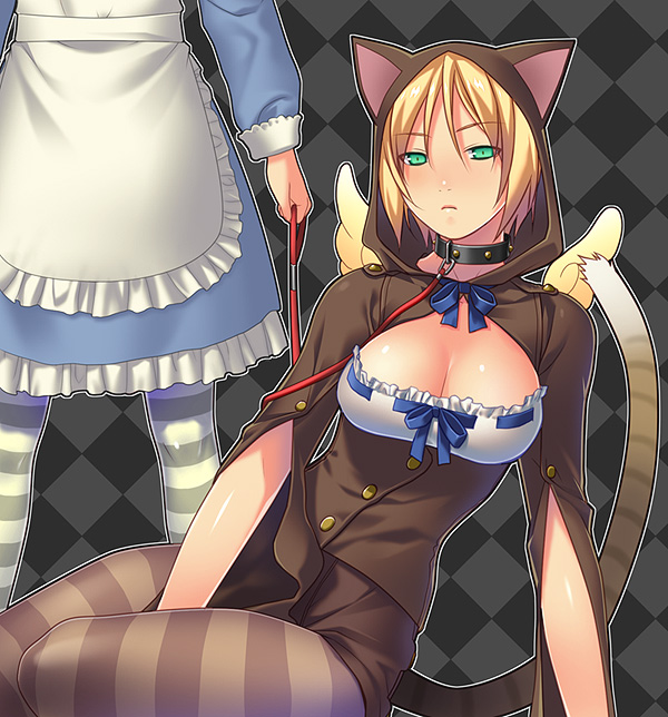 bad_id, black_legwear, blonde_hair, blush, breasts, cat_hood, cleavage, collar, green_eyes, grey_legwear, hod, hood, isobe, large_breasts, leash, lost, lost-ko, pantyhose, short_hair, sitting, slave, sound_horizon, striped, striped_legwear, striped_pantyhose, tail, wings