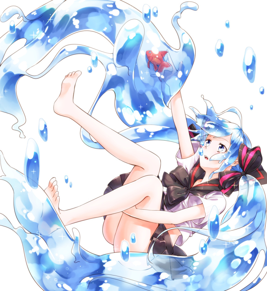 1girl, blue_eyes, blue_hair, bottle_miku, fish, hair_ribbon, hatsune_miku, highres