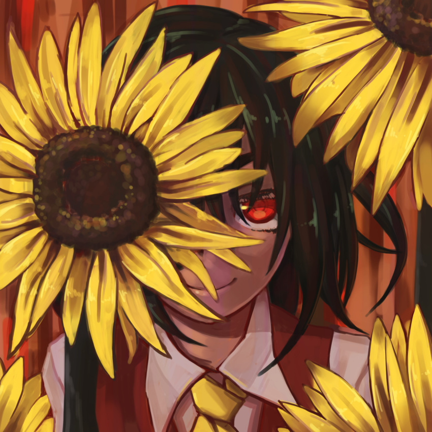 1girl, ascot, face, flower, green_hair, hiding, highres, higurashi_aki