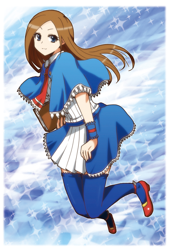 1girl, :3, ascot, blue_background, blue_eyes, blue_legwear, blush, book