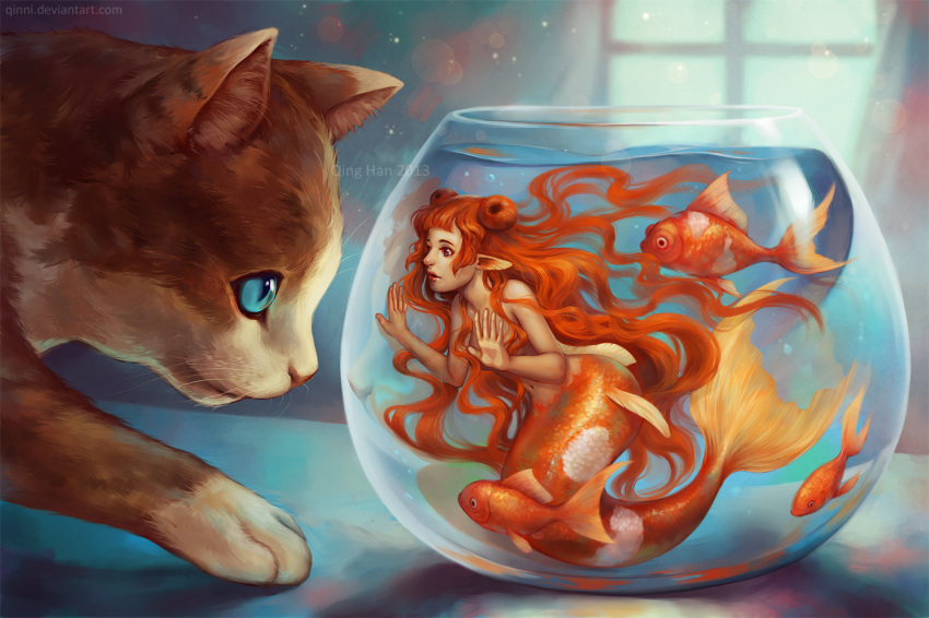 1girl, blue_eyes, cat, fish, fishbowl, lips, long_hair, mermaid