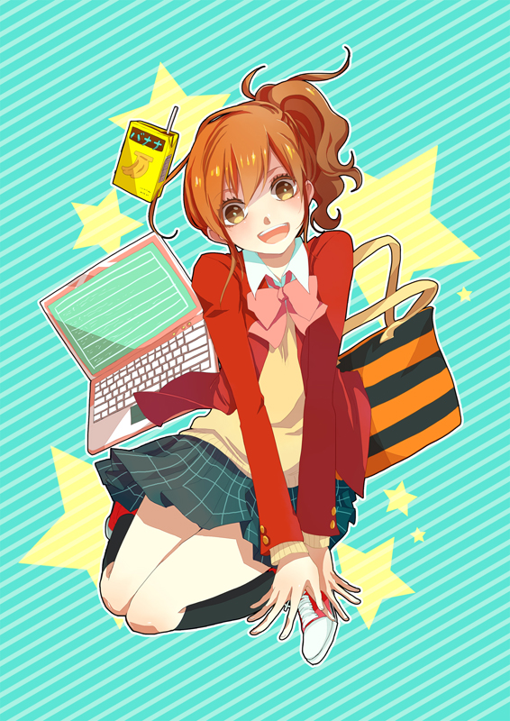 1girl, brown_eyes, brown_hair, long_hair, matsuripanda, natsume_asako, open_mouth, ribbon