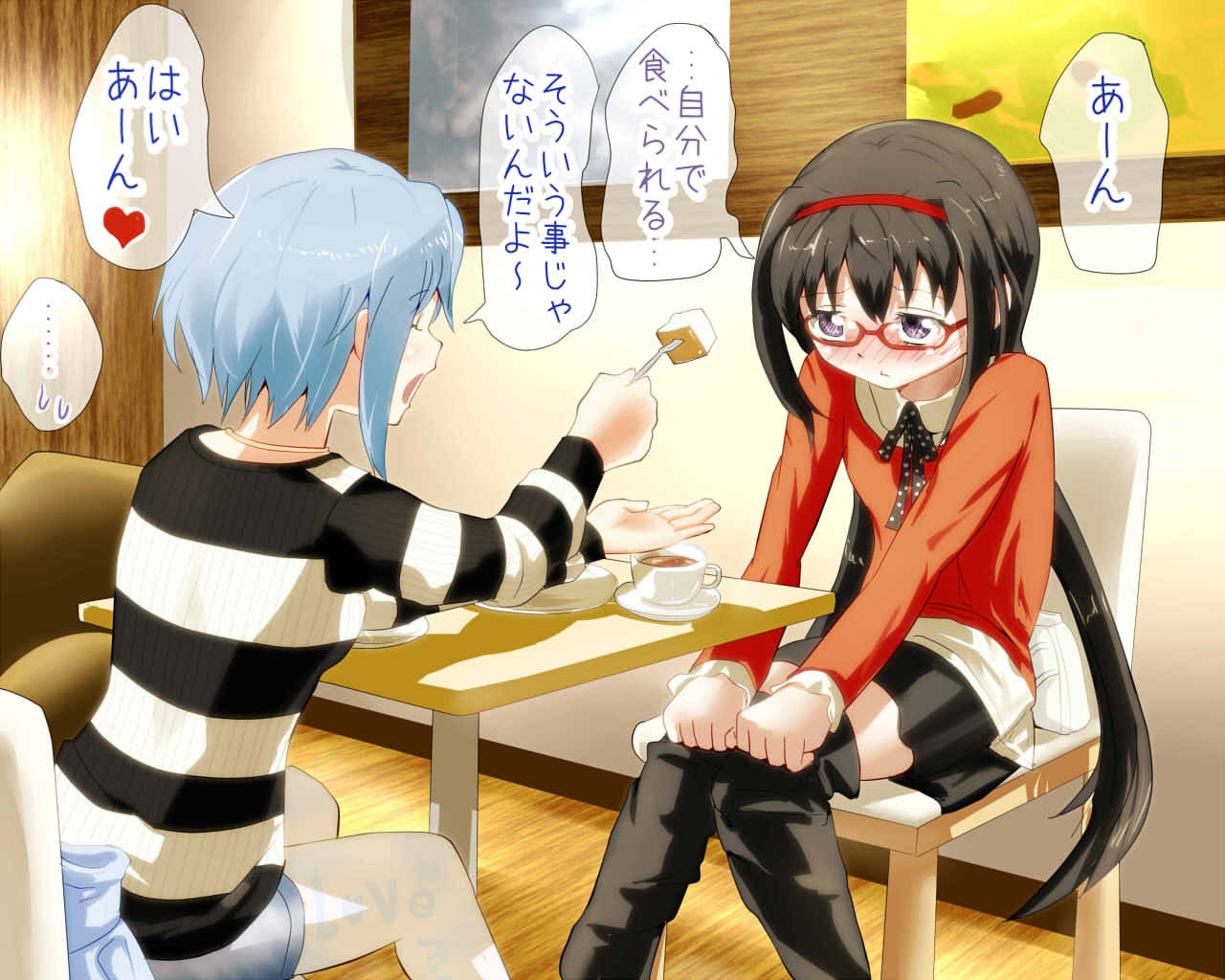 2girls, ace_(hyper_otintin_time), akemi_homura, black_hair, blue_eyes, blue_hair, blush, boots