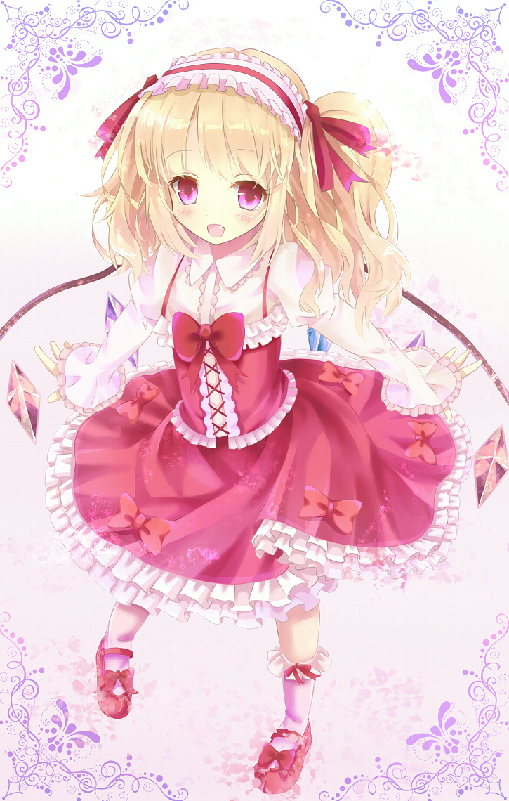 1girl, alternate_hairstyle, blonde_hair, blush, flandre_scarlet, long_hair, nikkunemu, open_mouth