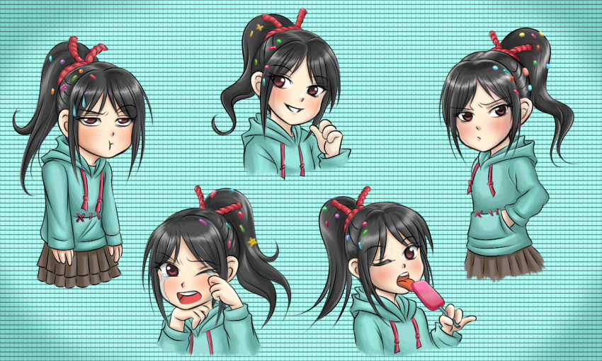1girl, black_hair, blush, child, crying, disney, expressions, hoodie