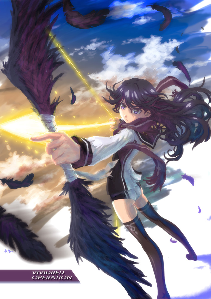 1girl, artist_name, ass, black_hair, bow_(weapon), feathers, kuroki_rei, long_hair