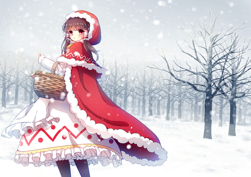 1girl, alternate_costume, apron, basket, brown_hair, cape, capelet, dress