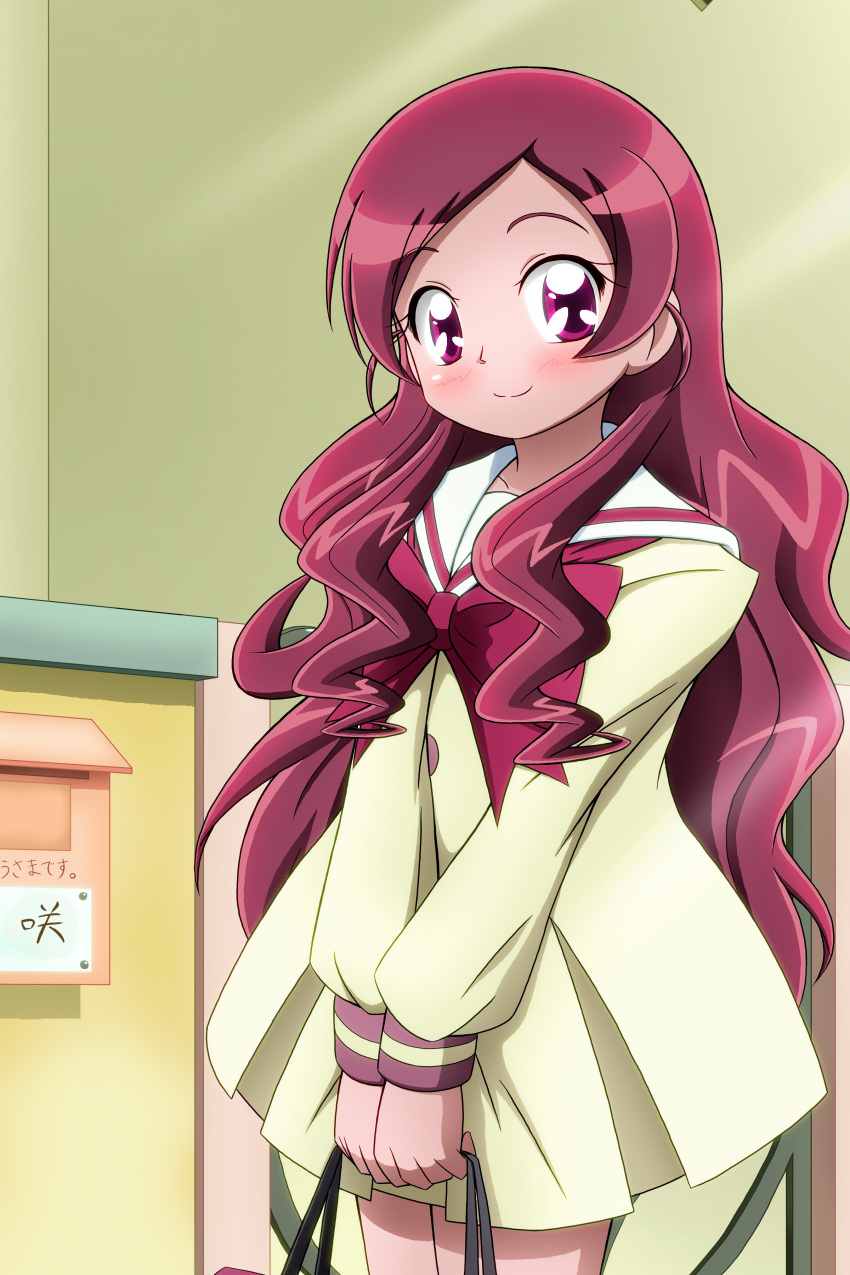 1girl, absurdres, hair_down, hanasaki_tsubomi, heartcatch_precure!, highres, kiyu_(doremi's_party), long_hair, pink_eyes, pink_hair, precure, school_uniform, solo