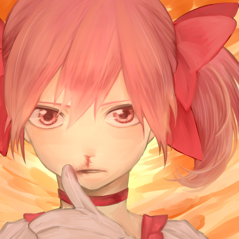 1girl, blood, choker, close-up, face, gloves, hair_ribbon, kaname_madoka, mahou_shoujo_madoka_magica, nosebleed, parted_lips, pink_eyes, pink_hair, ribbon, serious, solo, tamagostk, twintails