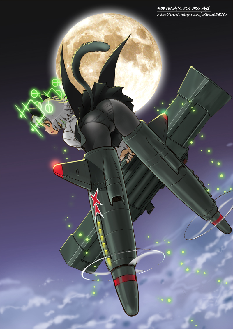 1girl, animal_ears, ass, black_legwear, cat_ears, clouds, green_eyes, leaning