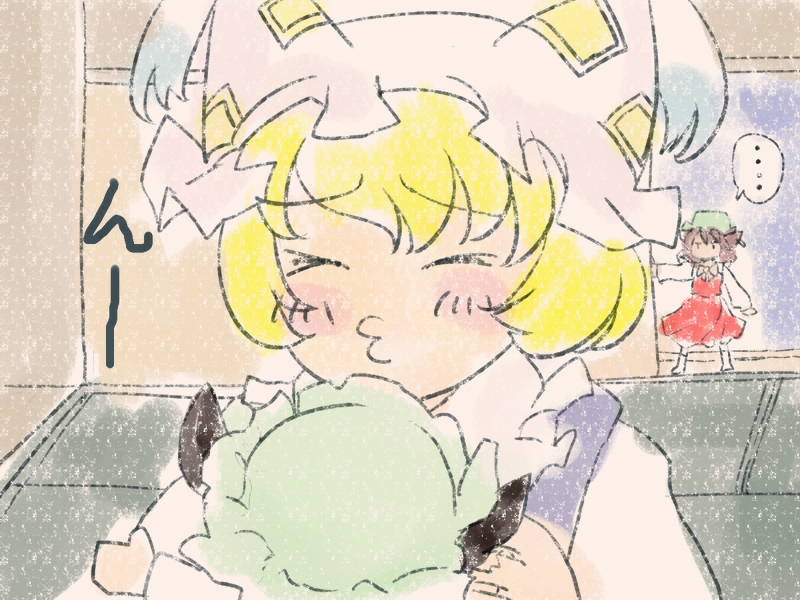 ..., 2girls, animal_ears, blonde_hair, blush_stickers, brown_hair, cat_ears, character_doll, chen, fox_ears, multiple_girls, puckered_lips, sasakure_joushi, short_hair, touhou, walk-in, yakumo_ran