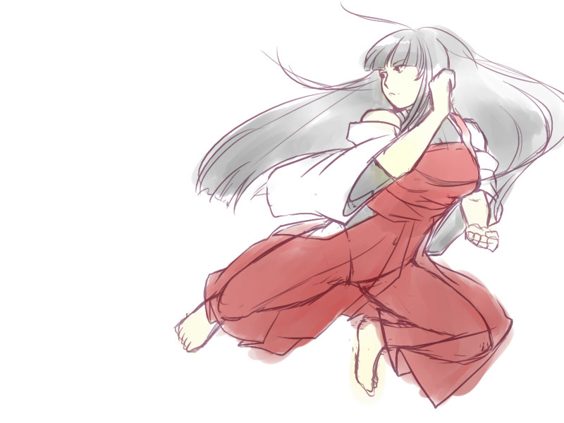 1girl, ahoge, bare_shoulders, barefoot, black_hair, breasts, detached_sleeves, fighting_stance