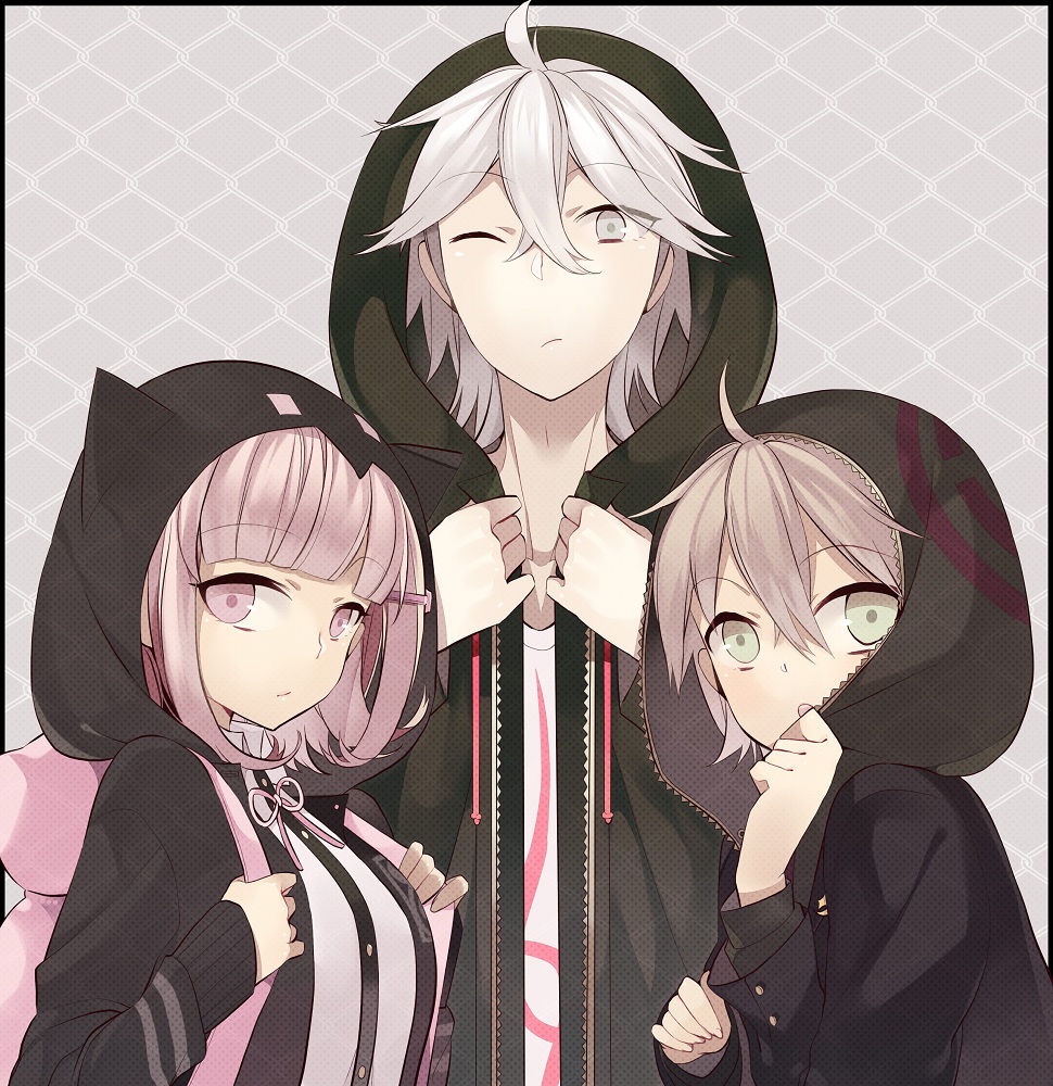 1girl, 2boys, ahoge, backpack, bag, breasts, brown_hair, dangan_ronpa