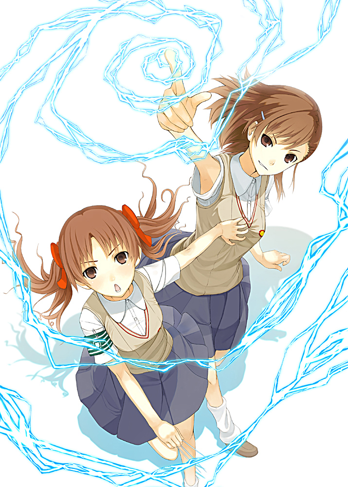 2girls, armband, biribiri, bow, breast_grab, breasts, brown_eyes, brown_hair