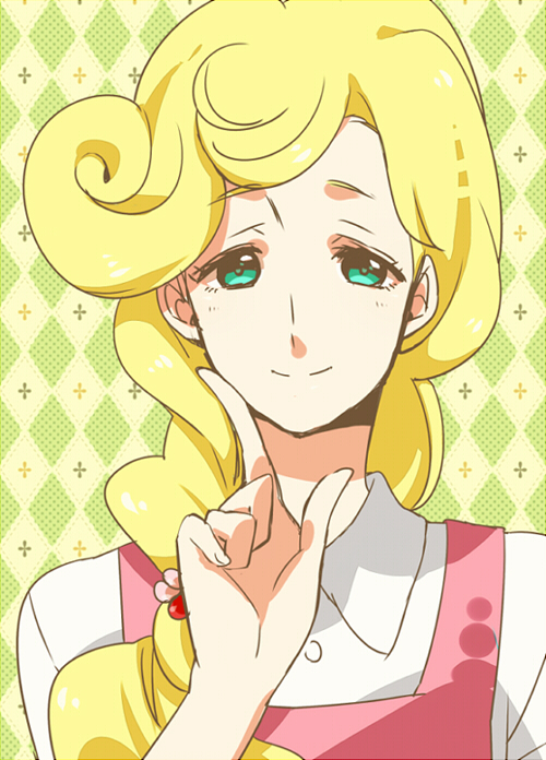 androgynous, apron, blonde_hair, finger_to_face, flower, gagtoy, green_eyes, hanase_kaoru
