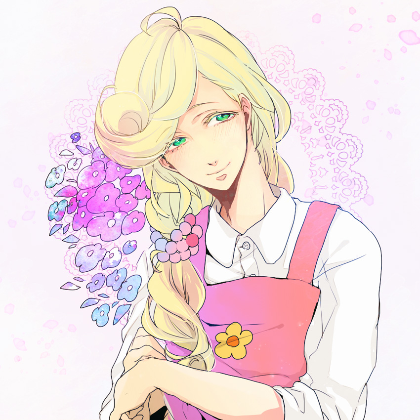 androgynous, apron, blonde_hair, flower, green_eyes, hanase_kaoru, long_hair, ri_no_hito