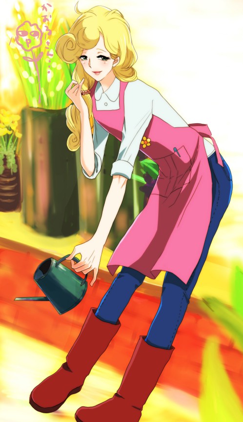 androgynous, apron, blonde_hair, boots, flower, green_eyes, hanase_kaoru, horigome, jeans, long_hair, smile, tamako_market, watering_can