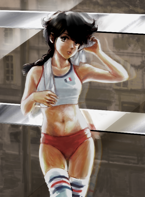 character_request, hair_over_one_eye, kwht, midriff, navel, thigh-highs