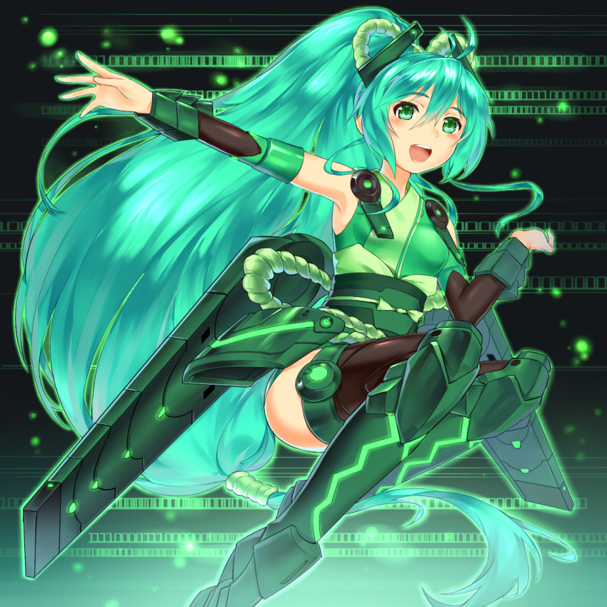 1girl, armor, bare_shoulders, blush, bow, breasts, fusion, gauntlets, greaves, green_eyes, green_hair, headgear, japanese_clothes, light_particles, long_hair, solo, suika01, very_long_hair, vividgreen, vividred_operation