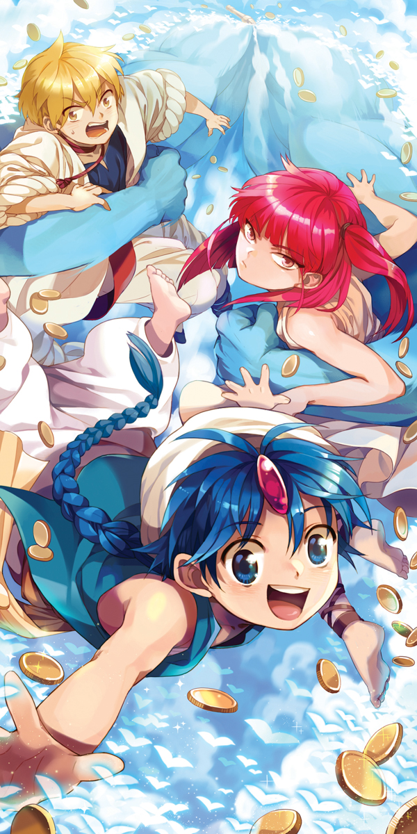 1girl, 3boys, aladdin_(magi), ali_baba_saluja, apple972, blonde_hair, blue_eyes, blue_hair