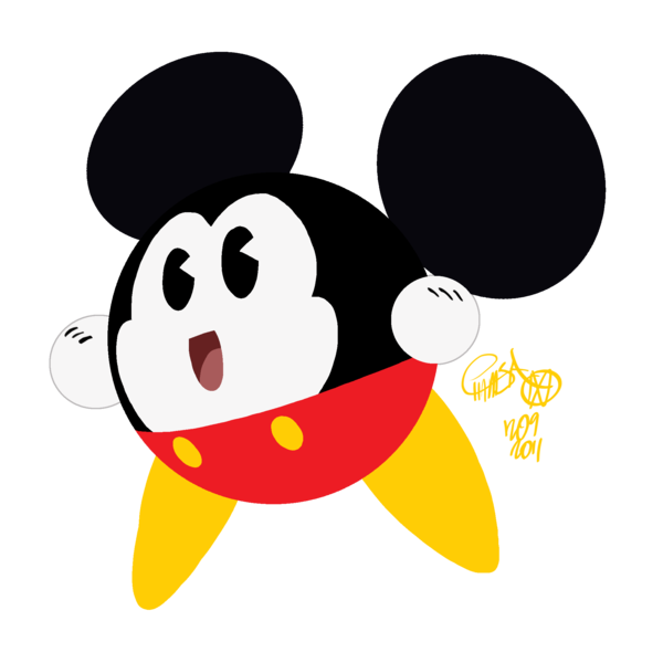animal_ears, chamba, disney, fusion, gloves, kirby, kirby_(series), mickey_mouse, mouse_ears, signature, solo, white_gloves