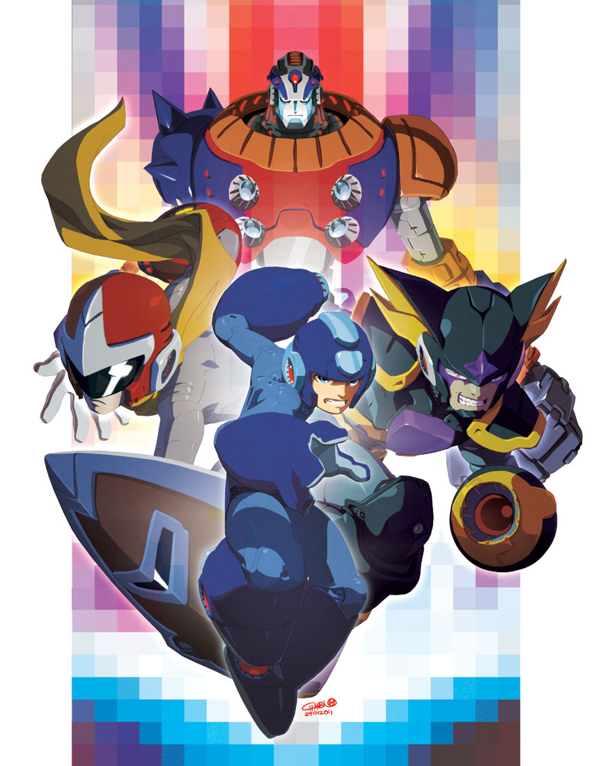 4boys, android, arm_cannon, bass_(mega_man), blue_eyes, blues_(rockman), bodysuit, chamba