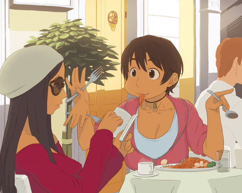 2girls, bare_shoulders, black_hair, book, breasts, brown_eyes, brown_hair, cup