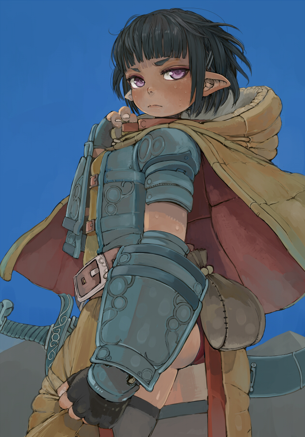 1girl, armor, ass, black_hair, cloak, dark_elf, dark_skin, desert, elf, fingerless_gloves, gloves, hood, original, pointy_ears, polo_(pixiv1844541), short_hair, solo, sweat, sword, violet_eyes, weapon