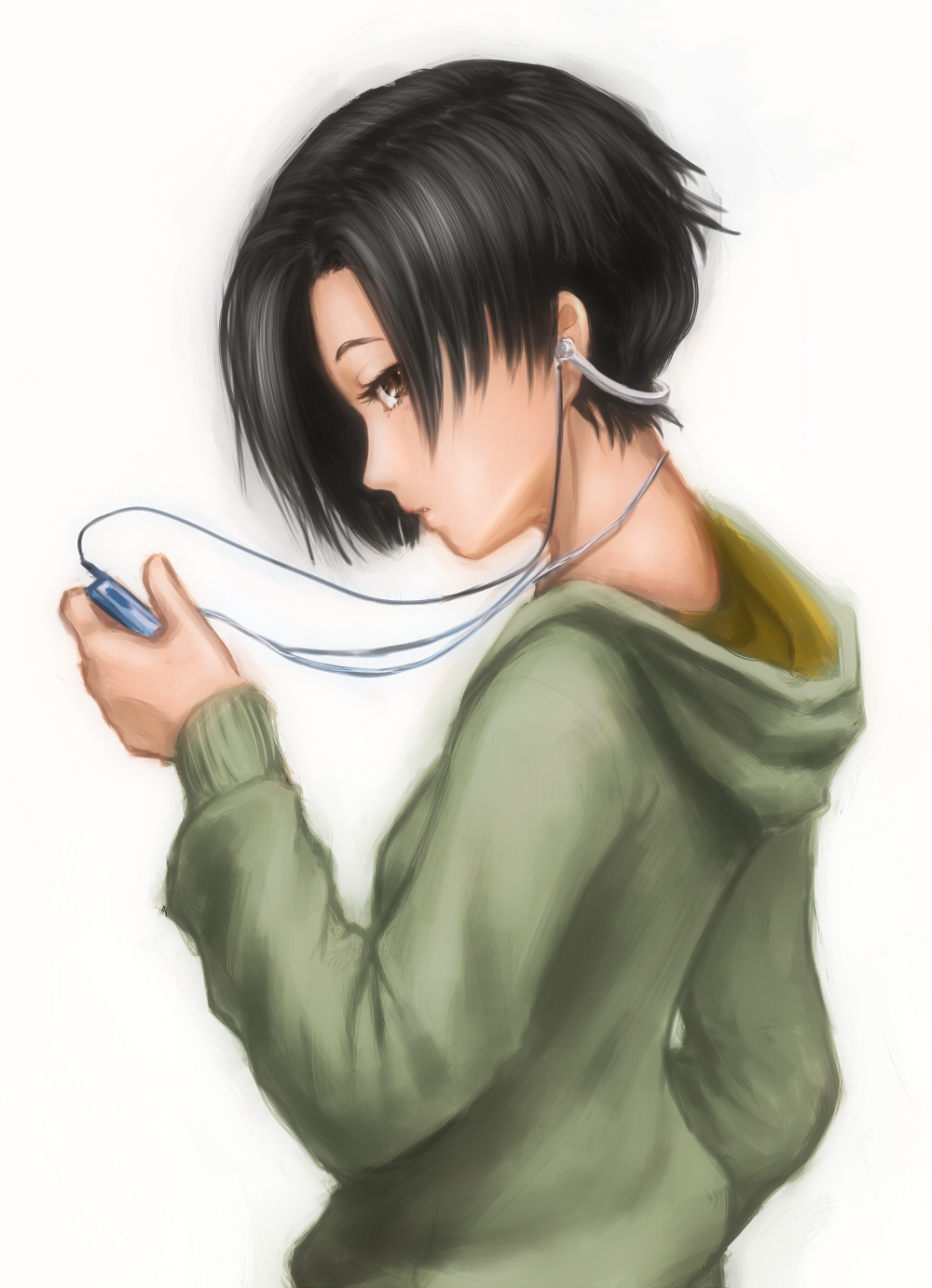 1girl, black_hair, bob_cut, brown_eyes, ceramic_man, digital_media_player, headphones, highres