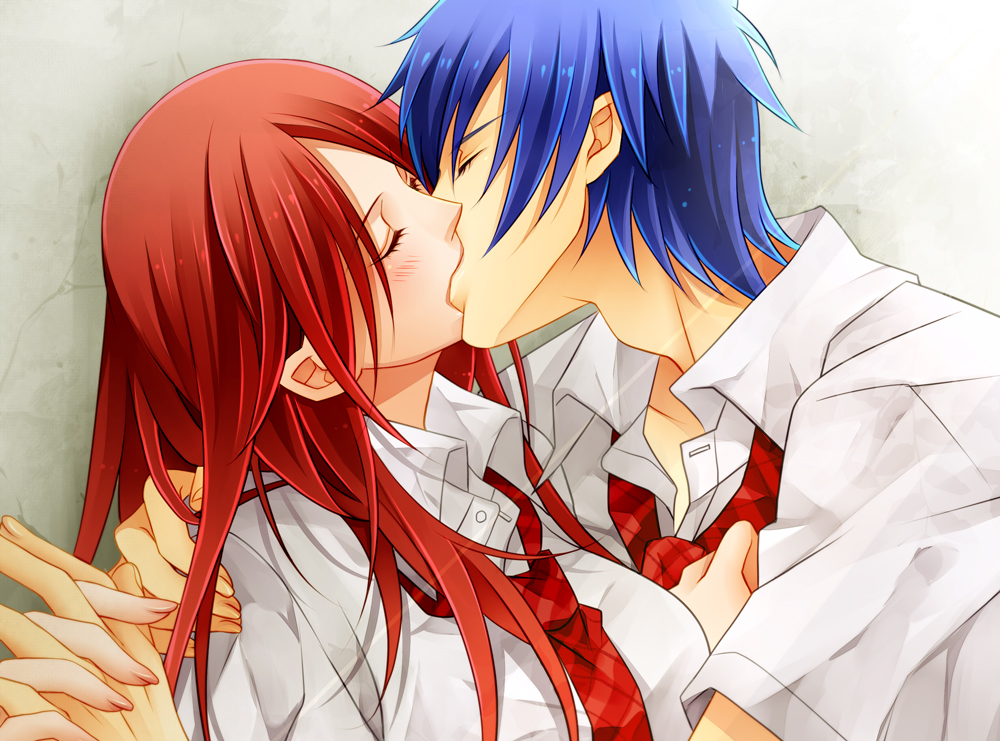 1boy, 1girl, blue_hair, blush, closed_eyes, contemporary, couple, erza_scarlet