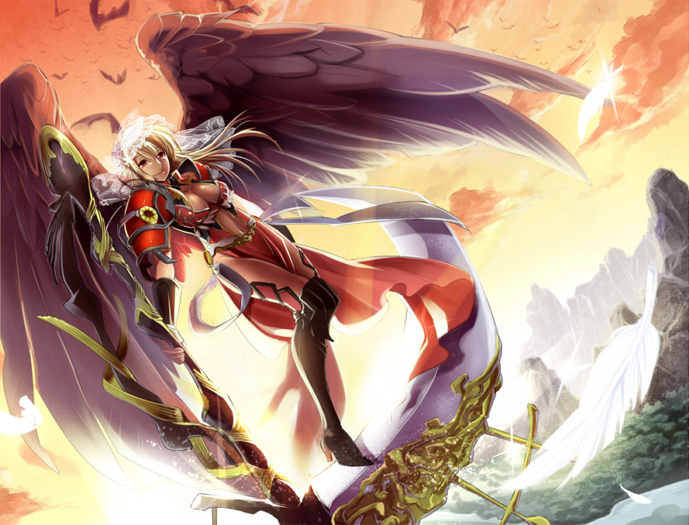 1girl, angel_wings, armor, bird, blonde_hair, breasts, feathers, large_breasts, long_hair, pixiv_fantasia, pixiv_fantasia_new_world, red_eyes, scythe, sky, smile, solo, suzune_kotora, veil, wings