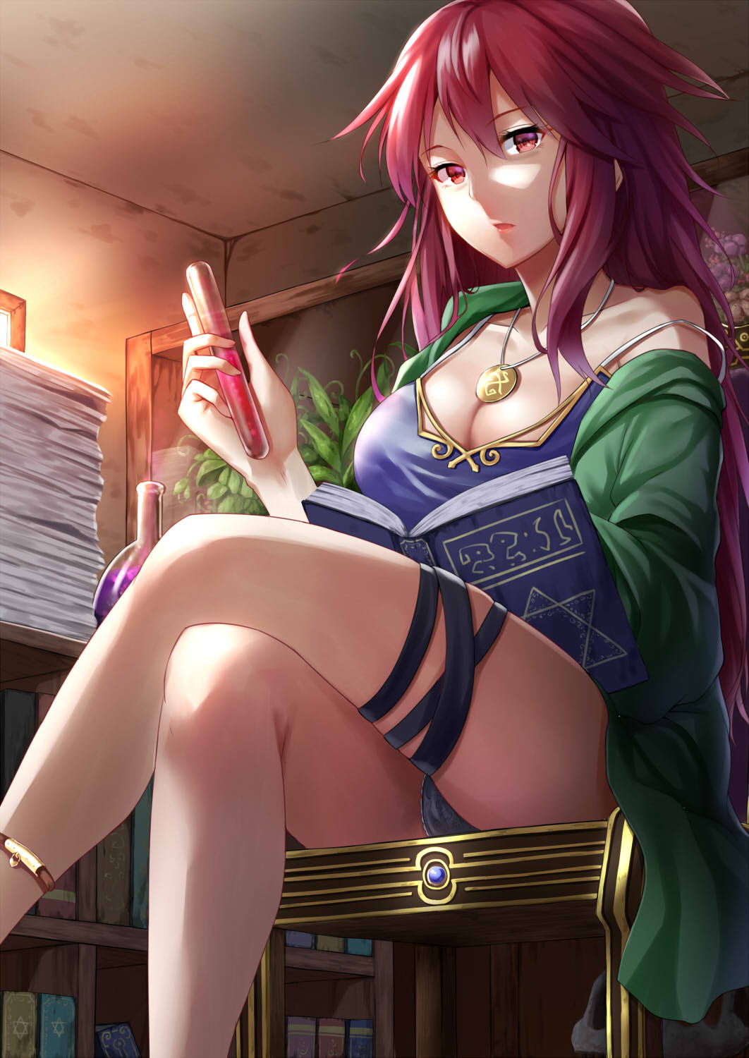 1girl, alexmaster, anklet, black_panties, book, breasts, cleavage, crossed_legs