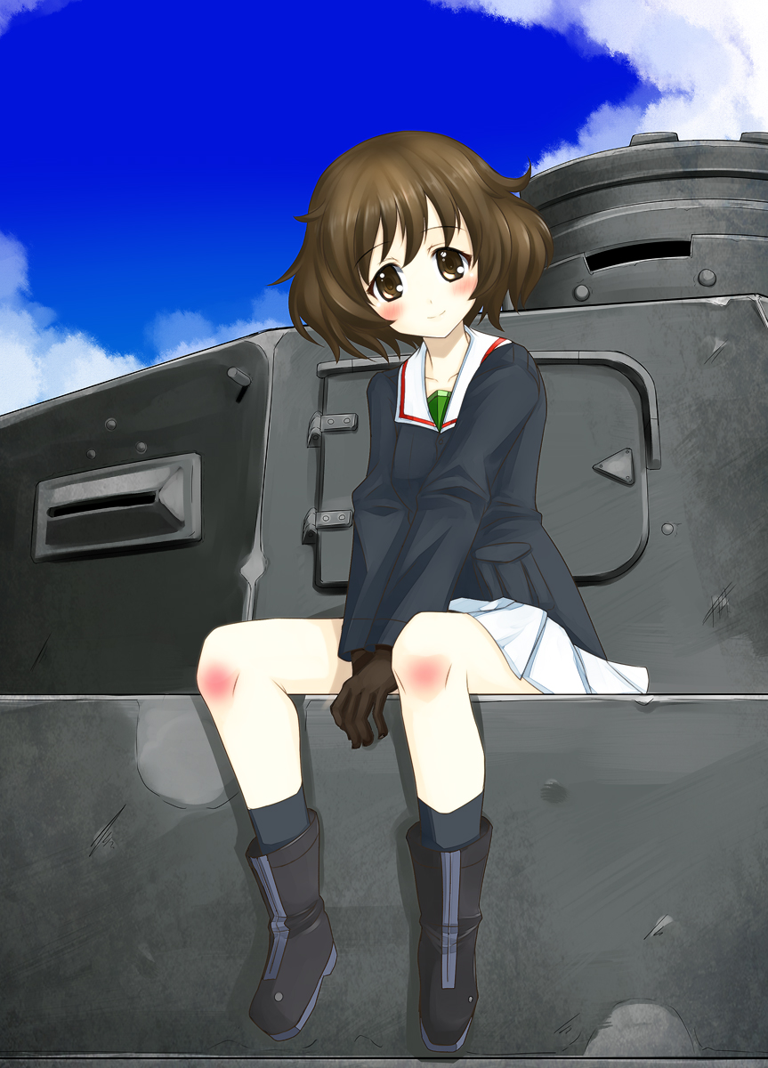 1girl, akiyama_yukari, blush, boots, brown_eyes, brown_hair, clouds, girls_und_panzer, gloves, hifumi_(vivian), highres, jacket, military, military_vehicle, panzerkampfwagen_iv, short_hair, sitting, solo, tank, vehicle