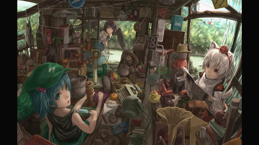 3girls, animal_ears, bag, barefoot, blue_eyes, blue_hair, book, can
