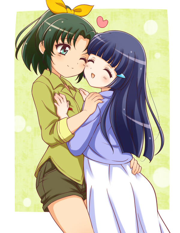 2girls, aoki_reika, blue_hair, closed_eyes, dress, green_background, green_eyes, green_hair, heart, hug, kuga_yoshito, long_hair, midorikawa_nao, multiple_girls, ponytail, precure, shirt, short_hair, shorts, smile, smile_precure!, wink