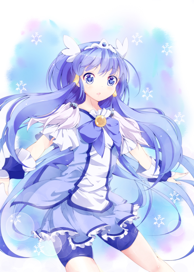 1girl, :o, aoki_reika, bike_shorts, blue, blue_background, blue_dress, blue_eyes, blue_hair, bowtie, brooch, cure_beauty, dress, hair_tubes, head_wings, jewelry, long_hair, magical_girl, payot, precure, sakurai_toma, shorts_under_skirt, skirt, smile_precure!, snowflakes, solo, tiara