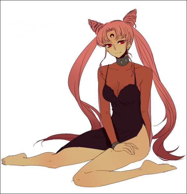 1girl, adult, bare_legs, barefoot, bishoujo_senshi_sailor_moon, black_lady, chibi_usa, double_bun