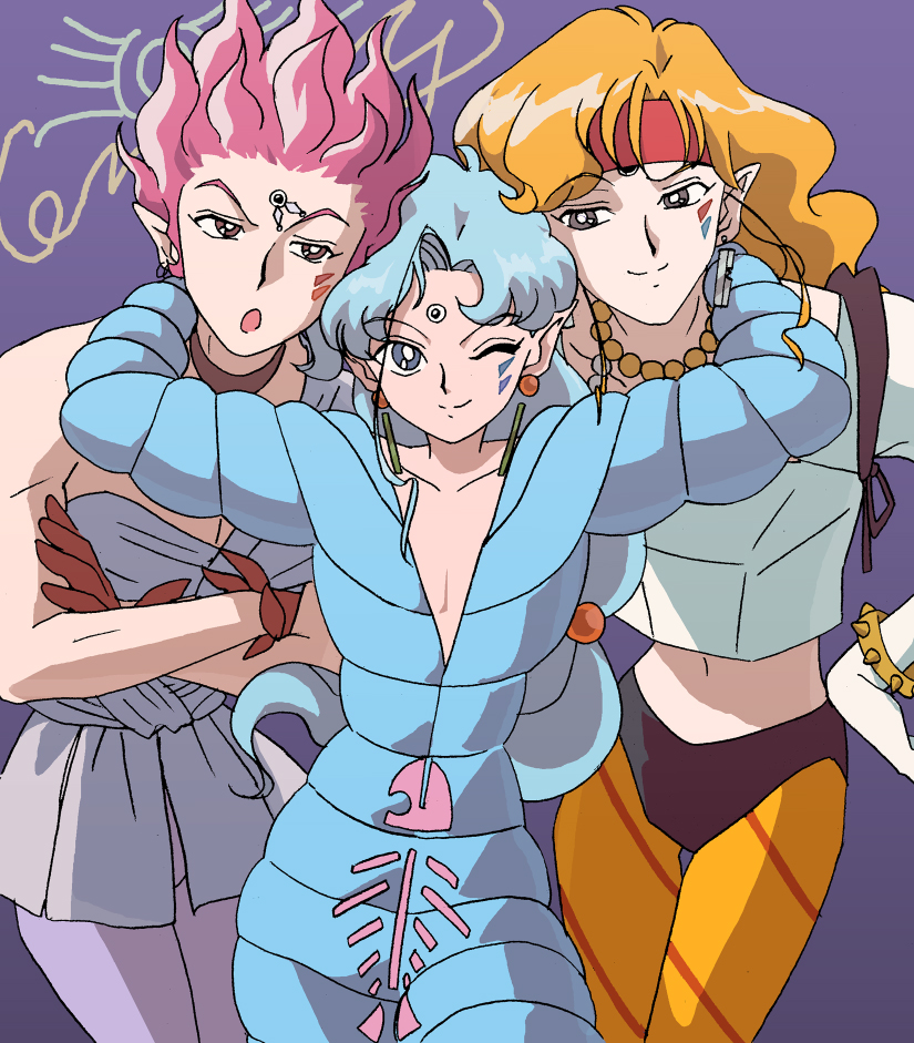 3boys, annoyed, arm_around_neck, bishoujo_senshi_sailor_moon, blonde_hair, blue_hair, crossed_arms, earrings