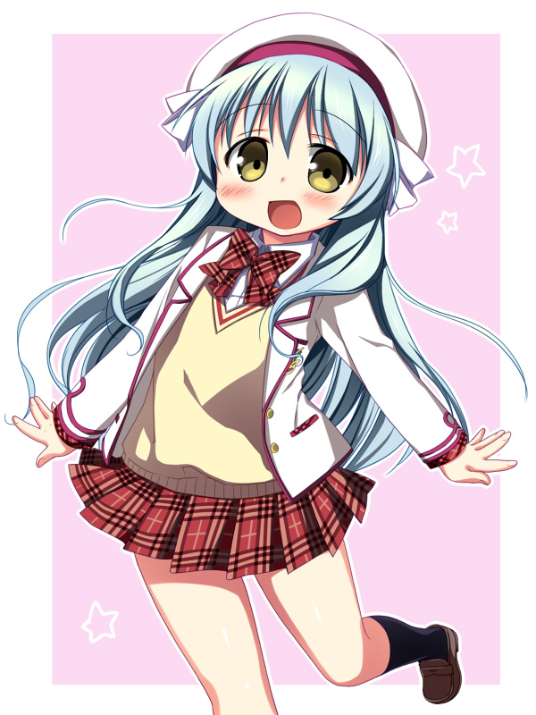 :d, blue_hair, blush, bow, daitoshokan_no_hitsujikai, hat, loafers, nagayama_yuunon