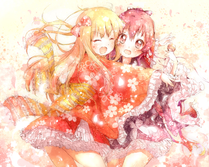 >_<, 2girls, :d, blonde_hair, bow, closed_eyes, hair_bow, japanese_clothes