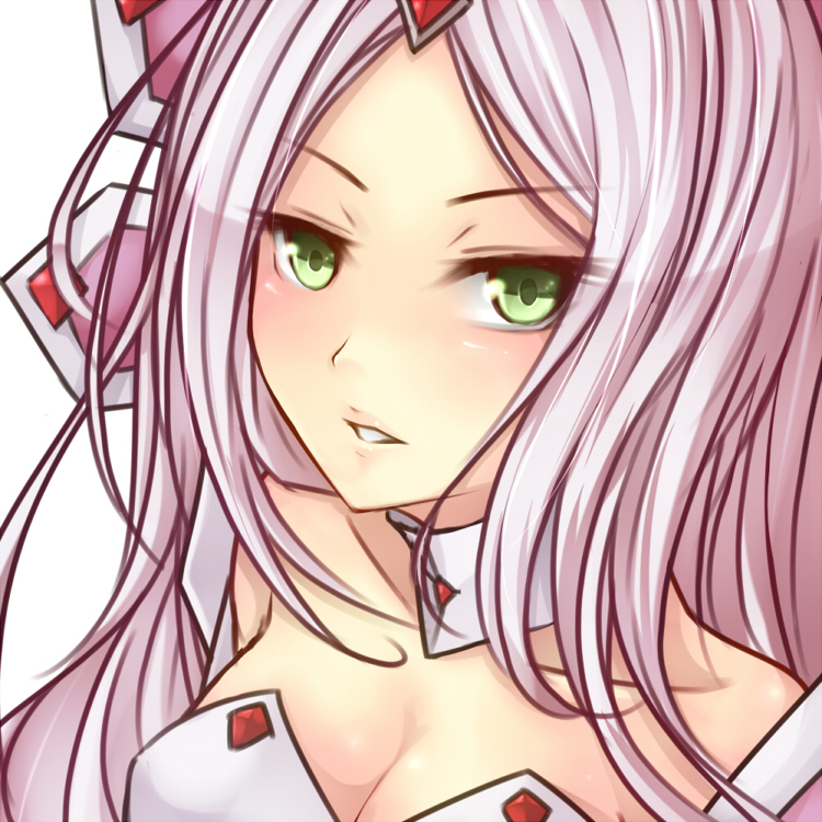 1girl, bare_shoulders, blush, breasts, cardfight!!_vanguard, green_eyes, long_hair, looking_at_viewer, lozenge_magus, oracle_think_tank, purple_hair, shintani_tsushiya, simple_background, solo, white_background
