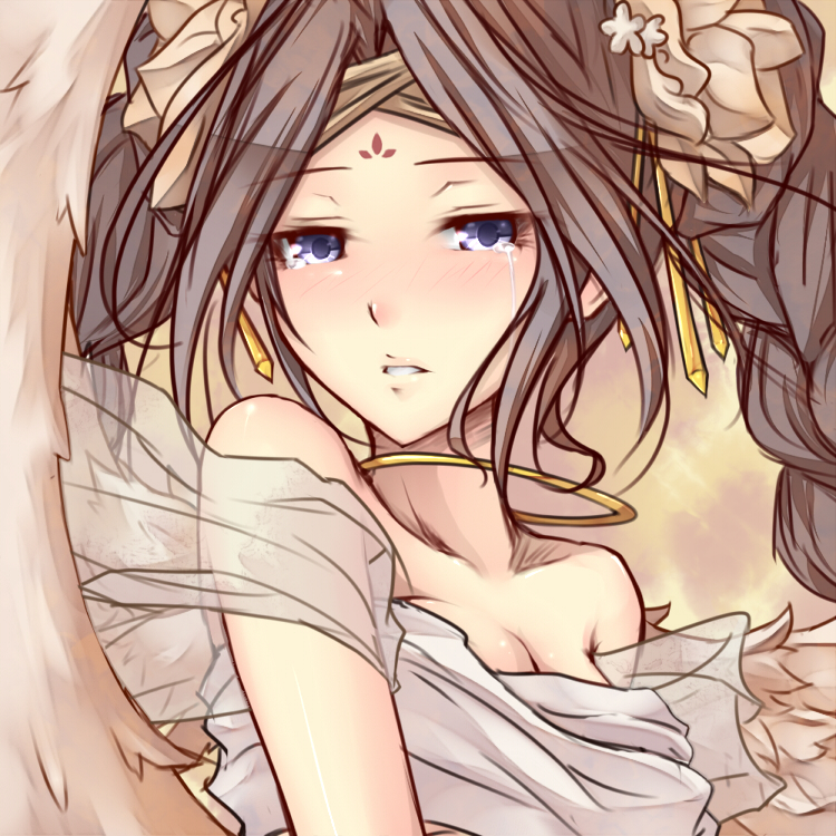 1girl, bare_shoulders, blush, breasts, brown_hair, cardfight!!_vanguard, long_hair, looking_at_viewer, maiden_of_libra, oracle_think_tank, shintani_tsushiya, solo, tears