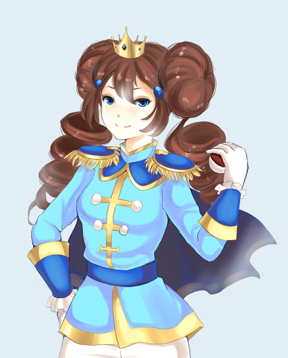 1girl, alternate_costume, alternate_hairstyle, blue_eyes, brown_hair, cape, crossdressinging, double_bun