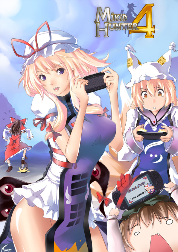 4girls, adapted_costume, artist_name, blonde_hair, blue_sky, bottomless, bow, breasts