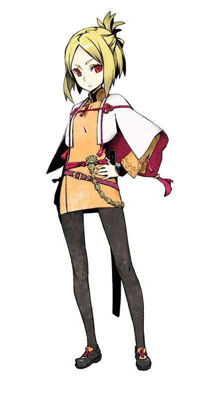 7th_dragon, 7th_dragon_2020, 7th_dragon_2020-ii, blonde_hair, emel_(7th_dragon), hair_bun, hand_on_waist, miwa_shirou, official_art, pantyhose, red_eyes, shawl