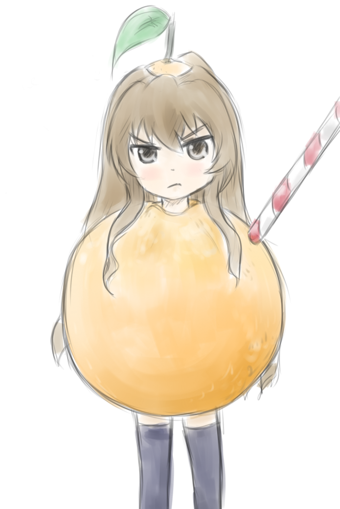 1girl, :<, aisaka_taiga, bown_hair, brown_eyes, food, fruit, leaf