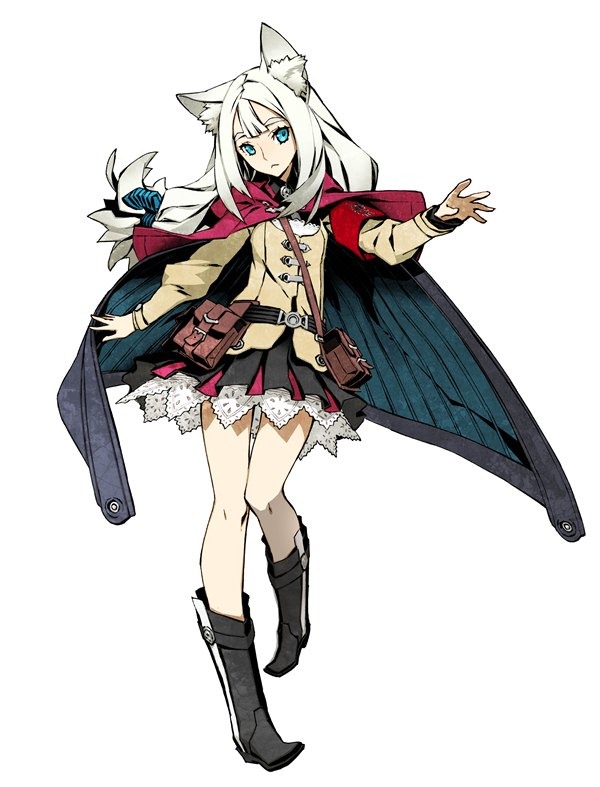 7th_dragon, 7th_dragon_2020, 7th_dragon_2020-ii, animal_ears, bag, cape, green_eyes, lucier_(7th_dragon), miwa_shirou, official_art, skirt, white_hair