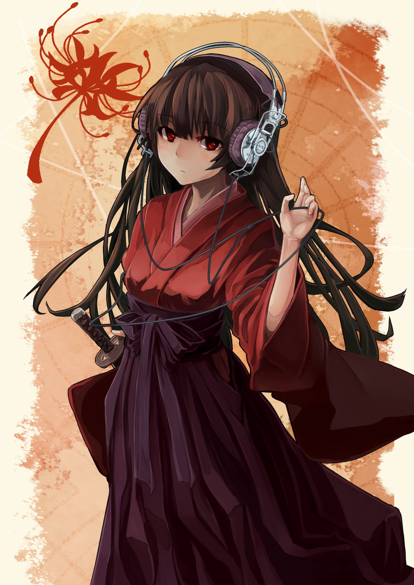 anachronism, brown_hair, ex, flower, hakama, headphones, highres, hime_cut, japanese_clothes, katana, kimono, original, red_eyes, sheath, sheathed, spider_lily, sword, weapon
