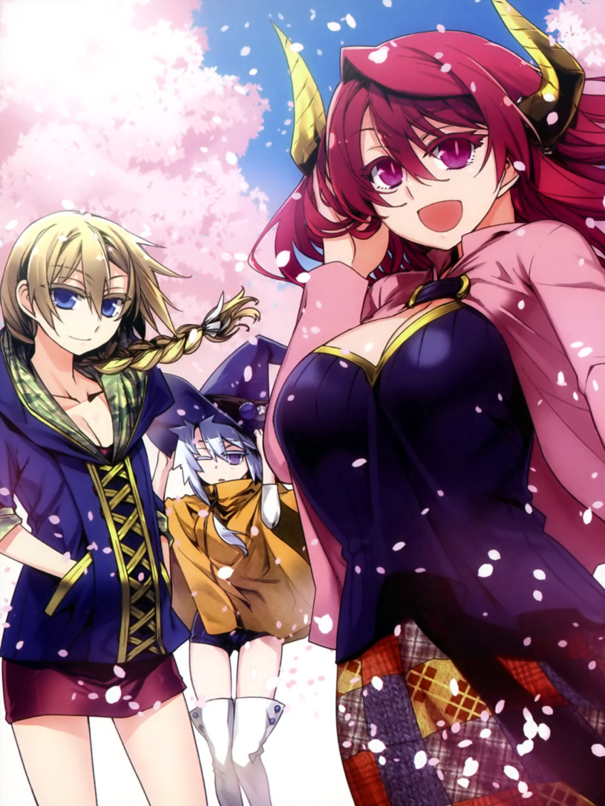 3girls, :d, ;o, blonde_hair, blue_eyes, boots, braid, breasts, casual, cherry_blossoms, cleavage, cloak, collarbone, hair_over_shoulder, hands_in_pockets, hat, hat_tug, highres, hoodie, horns, ishida_akira, large_breasts, light_smile, long_hair, looking_at_viewer, maou_(maoyuu), maoyuu_maou_yuusha, multiple_girls, onna_kishi_(maoyuu), onna_mahoutsukai_(maoyuu), open_mouth, petals, red_eyes, redhead, short_hair, short_shorts, shorts, silver_hair, skirt, slit_pupils, smile, sweater, thigh-highs, thigh_boots, white_legwear, wink, witch_hat